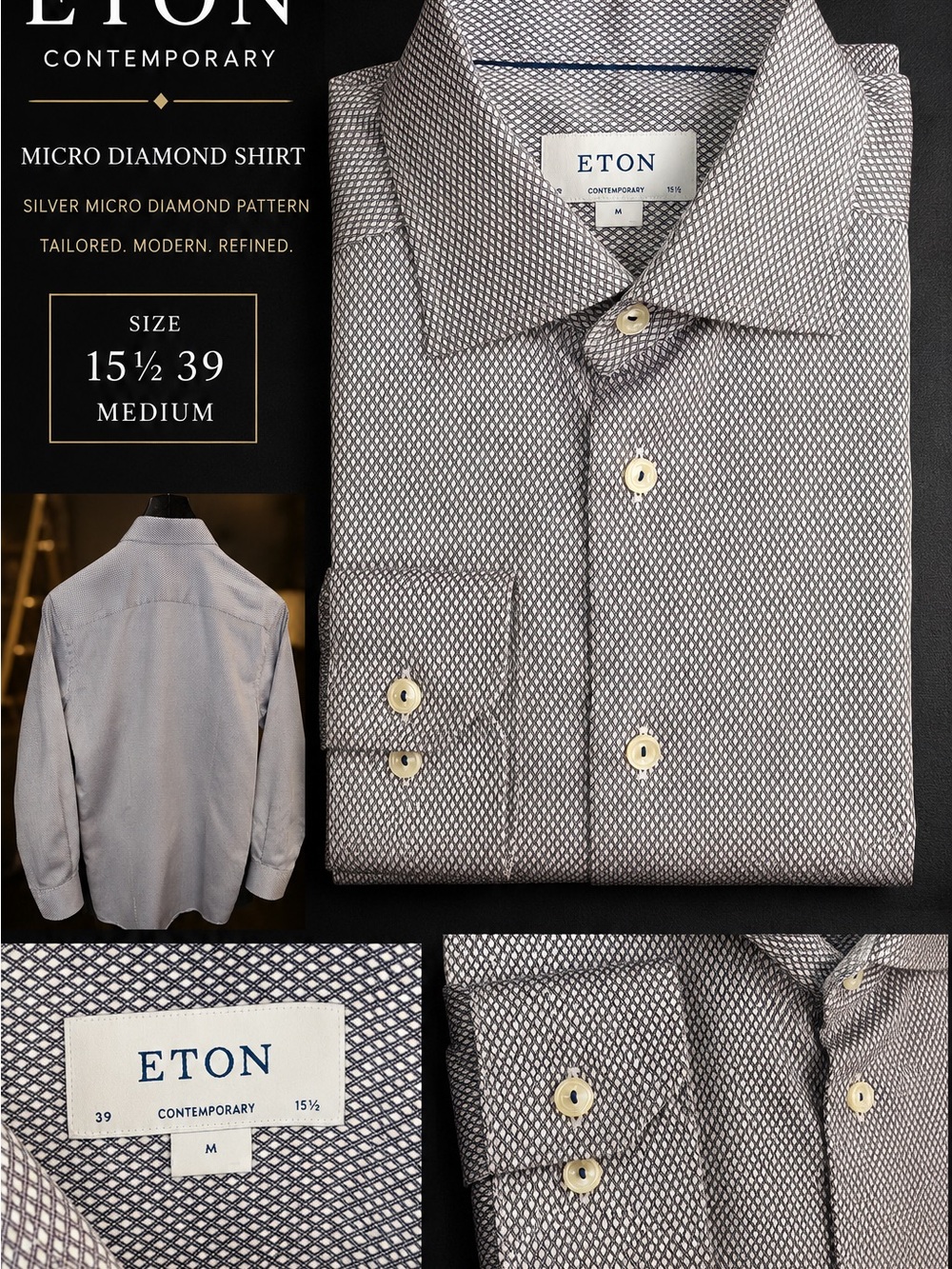 Eton Contemporary Men's Silver Micro Diamond Dress Shirt Size 15.5 / 39